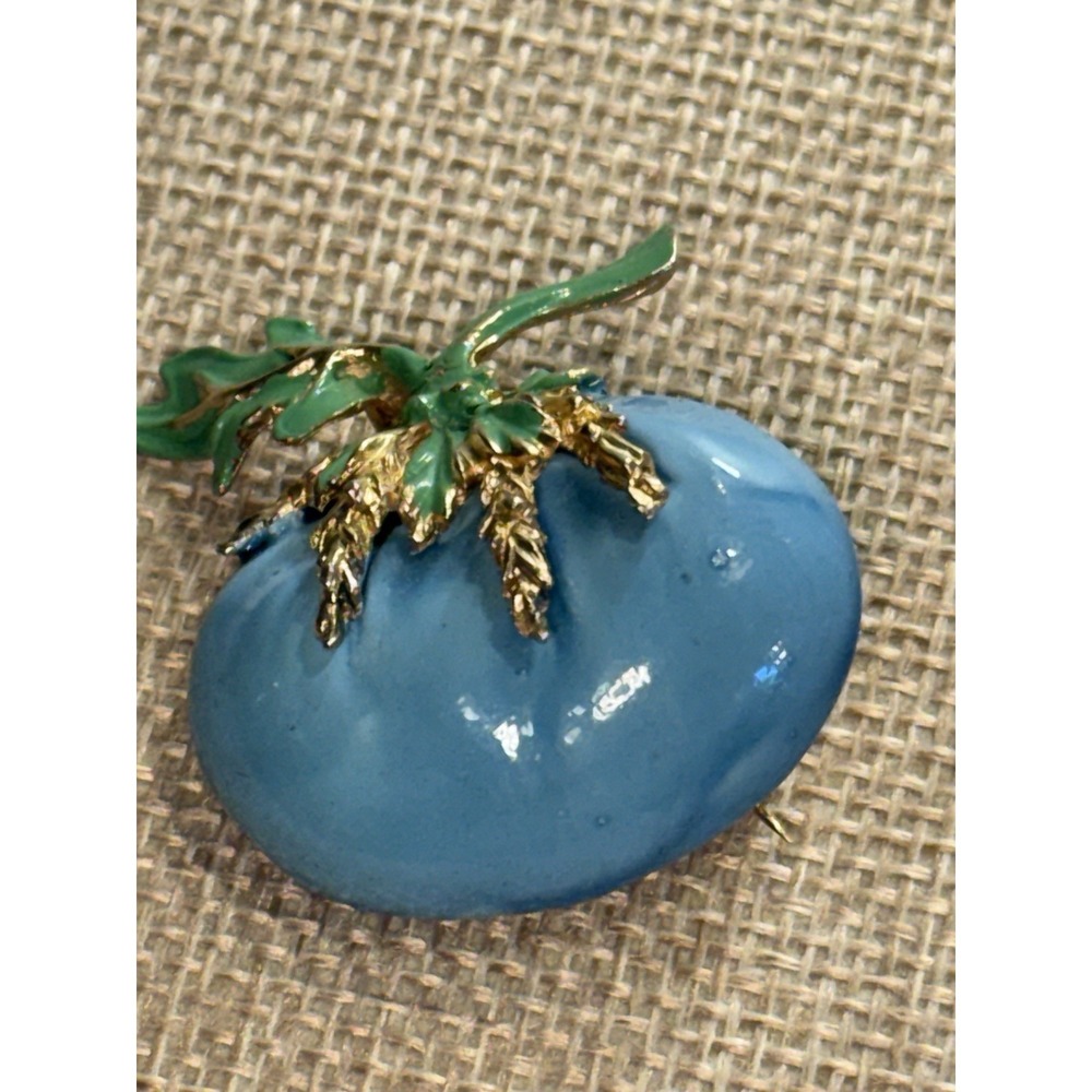 Vintage Puccini Blue Enamel Tomato Brooch Pin 1970s Signed Figural‎